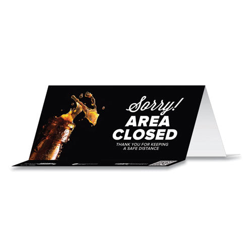 Besafe Messaging Table Top Tent Card, 8 X 3.87, Sorry! Area Closed Thank You For Keeping A Safe Distance, Black, 10/pack