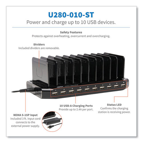 Desktop Charging Station With Adjustable Storage, 10 Devices, 9.4 X 4.7 X 1, Black