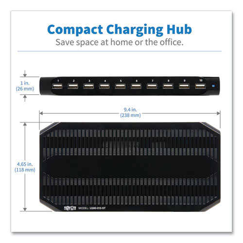 Desktop Charging Station With Adjustable Storage, 10 Devices, 9.4 X 4.7 X 1, Black