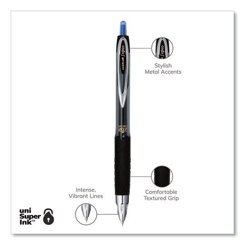 Signo 207 Gel Pen, Retractable, Micro 0.5 Mm, Blue Ink, Smoke/black/blue Barrel, Dozen