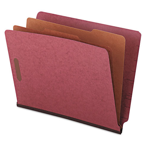 Red Pressboard End Tab Classification Folders, 2" Expansion, 2 Dividers, 6 Fasteners, Letter Size, Red Exterior, 10/box