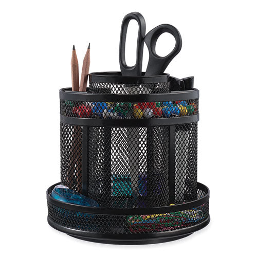 Metal Mesh Rotating Desktop Organizer, 8 Compartments, Metal Mesh, 6.5" Diameter X 6.13"h, Black