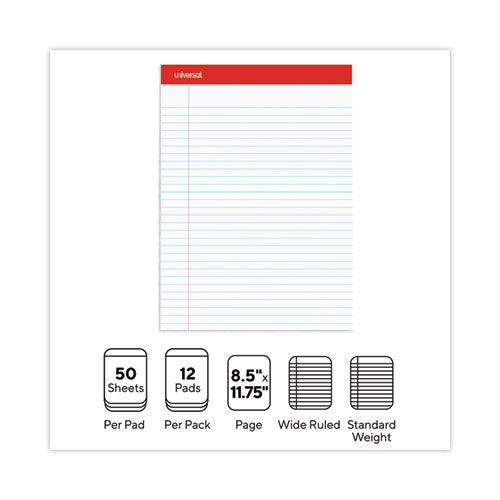 Perforated Ruled Writing Pads, Wide/legal Rule, Red Headband, 50 White 8.5 X 11.75 Sheets, Dozen