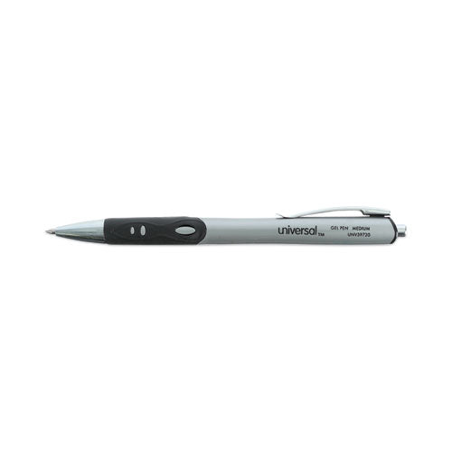 Comfort Grip Gel Pen, Retractable, Medium 0.7 Mm, Black Ink, Silver Barrel, Dozen