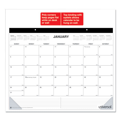 Desk Pad Calendar, 22 X 17, White/black Sheets, Black Binding, Clear Corners, 12-month (jan To Dec): 2024