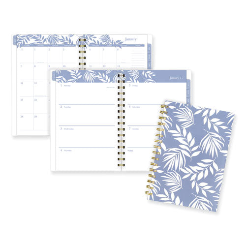 Elena Weekly/monthly Planner, Palm Leaves Artwork, 8.5 X 6.38, Blue/white Cover, 12-month (jan To Dec): 2024