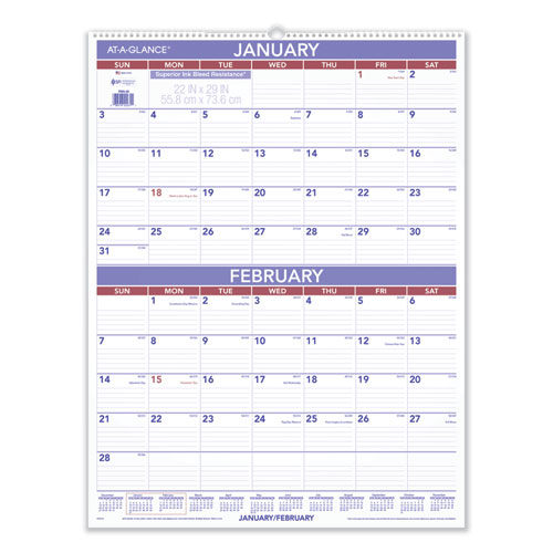 Two-month Wall Calendar, 22 X 29, White/blue/red Sheets, 12-month (jan To Dec): 2024