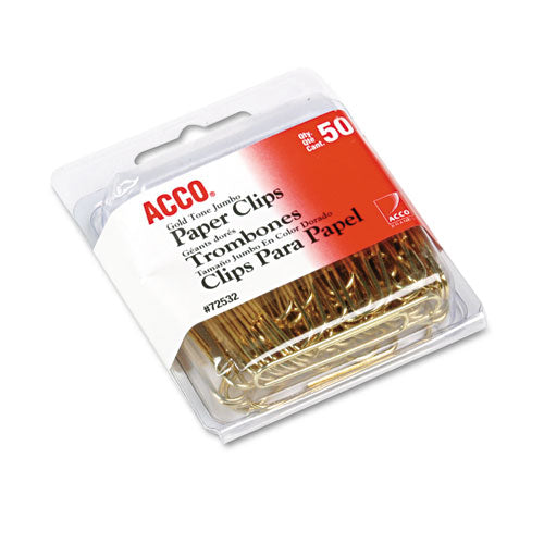 Gold Tone Paper Clips, Jumbo, Smooth, Gold, 50/box
