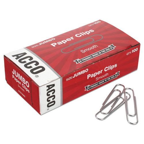 Paper Clips, Jumbo, Smooth, Silver, 100 Clips/box, 10 Boxes/pack