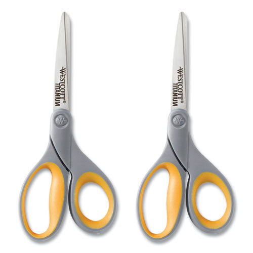 Titanium Bonded Scissors, 8" Long, 3.5" Cut Length, Gray/yellow Straight Handles, 2/pack