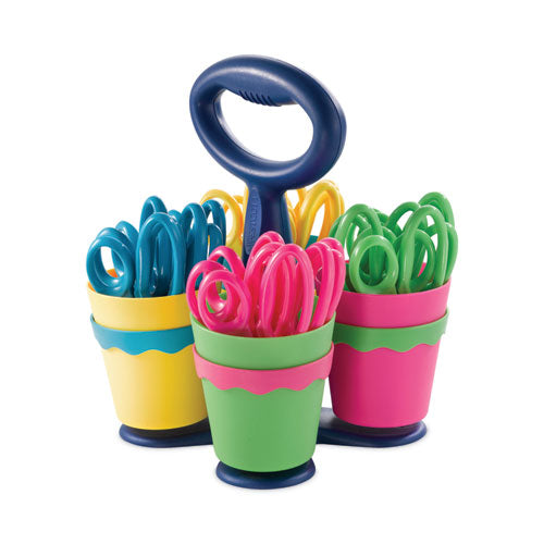 Scissor Caddy With Kids' Scissors, 5" Long, 2" Cut Length, Light Blue; Light Green; Pink; Yellow, Straight Handles, 24/set