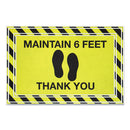 Message Floor Mats, 24 X 36, Black/yellow, "maintain 6 Feet Thank You"