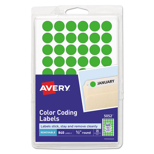 Handwrite Only Self-adhesive Removable Round Color-coding Labels, 0.5" Dia, Neon Green, 60/sheet, 14 Sheets/pack, (5052)