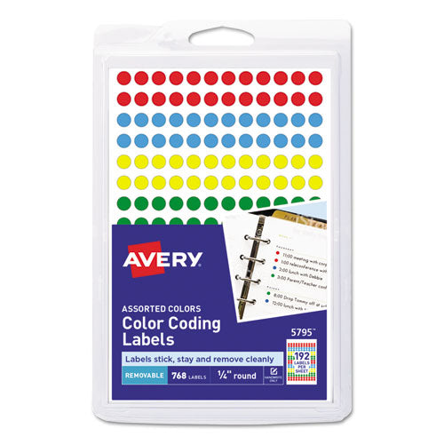 Handwrite Only Self-adhesive Removable Round Color-coding Labels, 0.25" Dia, Assorted, 192/sheet, 4 Sheets/pack, (5795)