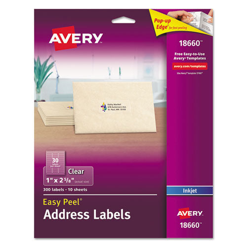 Matte Clear Easy Peel Mailing Labels W/ Sure Feed Technology, Inkjet Printers, 1 X 2.63, Clear, 30/sheet, 10 Sheets/pack