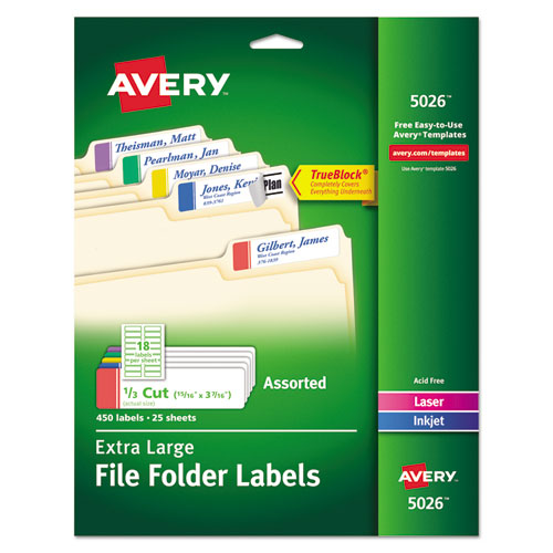 Extra-large Trueblock File Folder Labels With Sure Feed Technology, 0.94 X 3.44, White, 18/sheet, 25 Sheets/pack