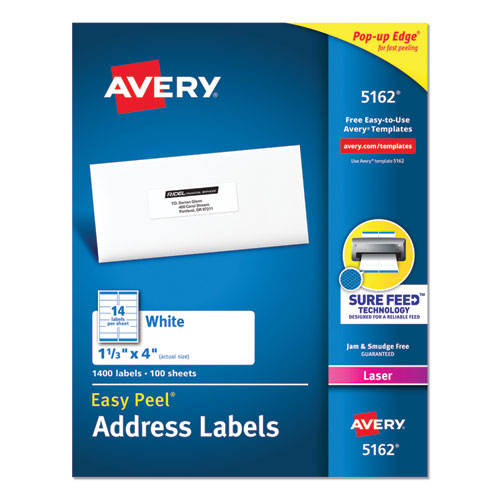 Easy Peel White Address Labels W/ Sure Feed Technology, Laser Printers, 1.33 X 4, White, 14/sheet, 100 Sheets/box