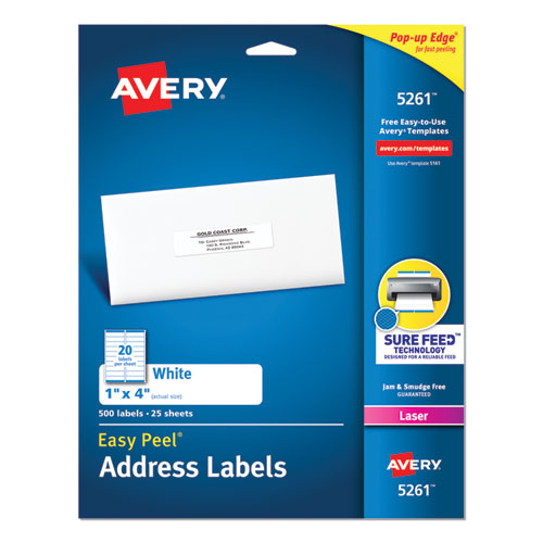 Easy Peel White Address Labels W/ Sure Feed Technology, Laser Printers, 1 X 4, White, 20/sheet, 25 Sheets/pack