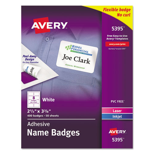 Flexible Adhesive Name Badge Labels, 3.38 X 2.33, White, 400/box