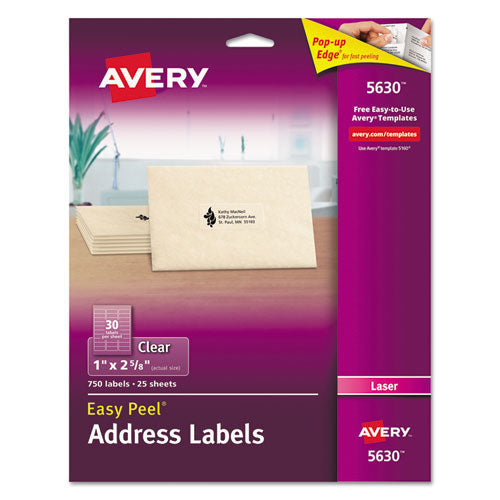 Matte Clear Easy Peel Mailing Labels W/ Sure Feed Technology, Laser Printers, 1 X 2.63, Clear, 30/sheet, 25 Sheets/box