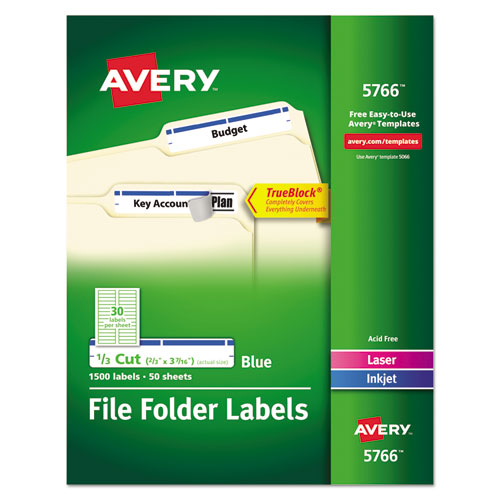 Permanent Trueblock File Folder Labels With Sure Feed Technology, 0.66 X 3.44, Blue/white, 30/sheet, 50 Sheets/box