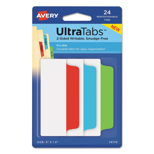 Ultra Tabs Repositionable Tabs, Wide And Slim: 3" X 1.5", 1/3-cut, Assorted Colors, 24/pack