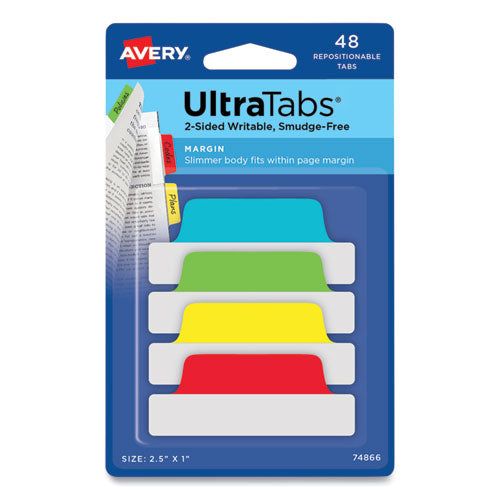 Ultra Tabs Repositionable Tabs, Margin Tabs: 2.5" X 1", 1/5-cut, Assorted Colors, 48/pack