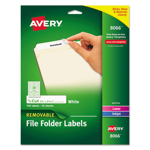 Removable File Folder Labels With Sure Feed Technology, 0.66 X 3.44, White, 30/sheet, 25 Sheets/pack