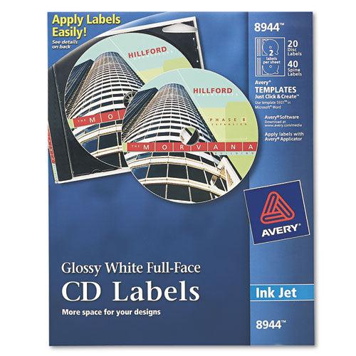 Inkjet Full-face Cd Labels, Glossy White, 20/pack