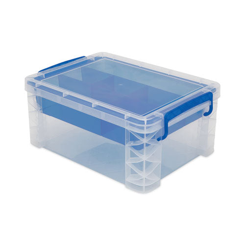 Super Stacker Divided Storage Box, 6 Sections, 10.38" X 14.25" X 6.5", Clear/blue