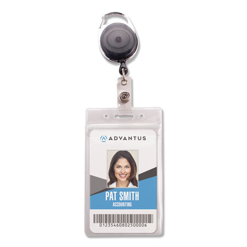 Resealable Id Badge Holders With 30" Cord Reel, Vertical, Frosted 3.68" X 5" Holder, 2.5" X 4" Insert, 10/pack