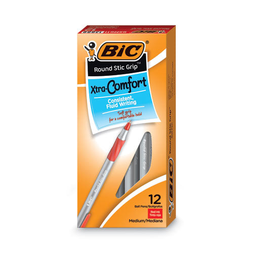 Round Stic Grip Xtra Comfort Ballpoint Pen, Easy-glide, Stick, Medium 1.2 Mm, Red Ink, Gray/red Barrel, Dozen