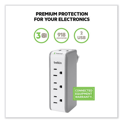 Wall Mount Surge Protector, 3 Ac Outlets/2 Usb Ports, 918 J, Gray/white