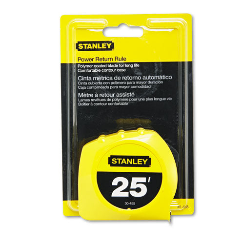 Power Return Tape Measure, Plastic Case, 1" X 2 5ft, Yellow