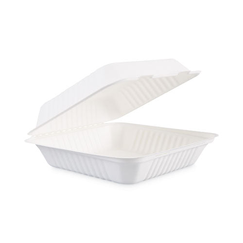 Bagasse Food Containers, Hinged-lid, 1-compartment 9 X 9 X 3.19, White,  Sugarcane, 100/sleeve, 2 Sleeves/carton