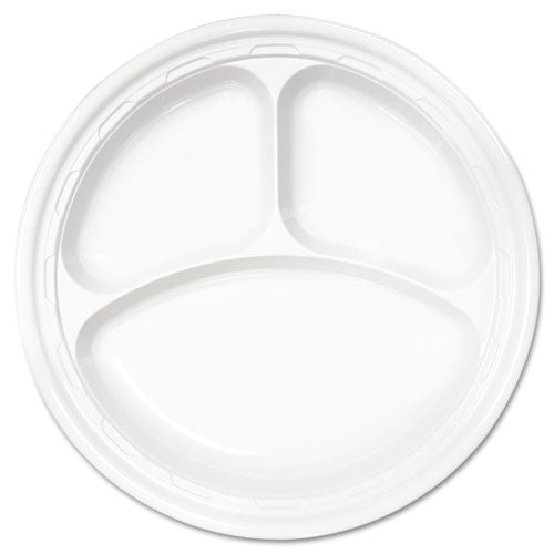 Famous Service Plastic Dinnerware, Plate, 3-compartment, 10.25" Dia, White, 125/pack, 4 Packs/carton