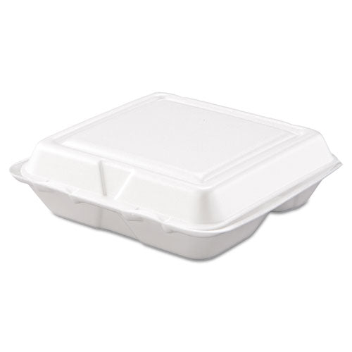 Foam Hinged Lid Containers, 3-compartment, 7.5 X 8 X 2.3, White, 200/carton