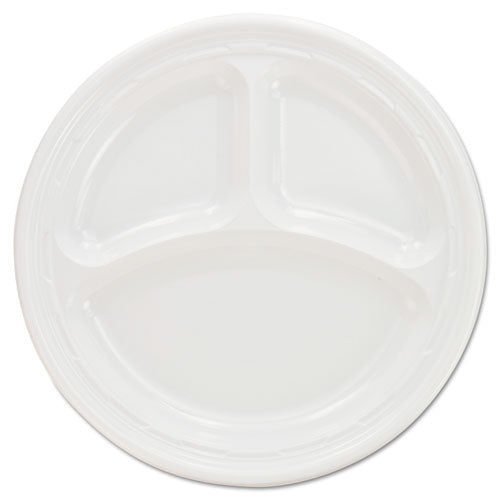 Plastic Plates, 3-compartment, 9" Dia, White, 125/pack, 4 Packs/carton