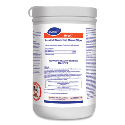 Avert Sporicidal Disinfectant Cleaner Wipes, 6 X 7, Chlorine Scent, 160/canister, 12/carton