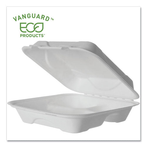 Vanguard Renewable And Compostable Sugarcane Clamshells, 3-compartment, 9 X 9 X 3, White, 200/carton