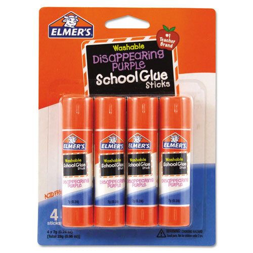 Washable School Glue Sticks, 0.24 Oz, Applies Purple, Dries Clear, 4/pack