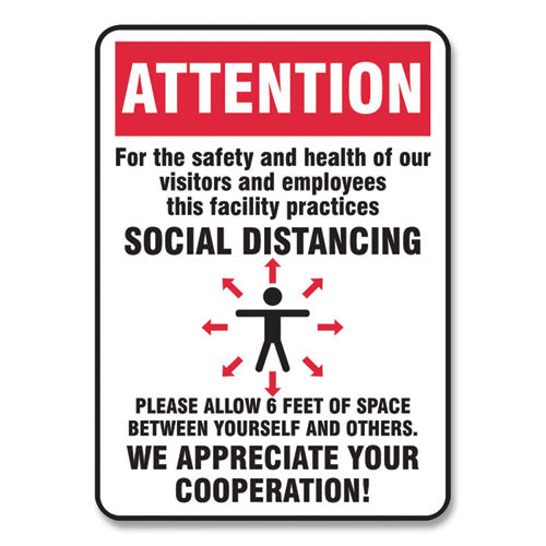 Social Distance Signs, Wall, 7 X 10, Visitors And Employees Distancing, Humans/arrows, Red/white, 10/pack