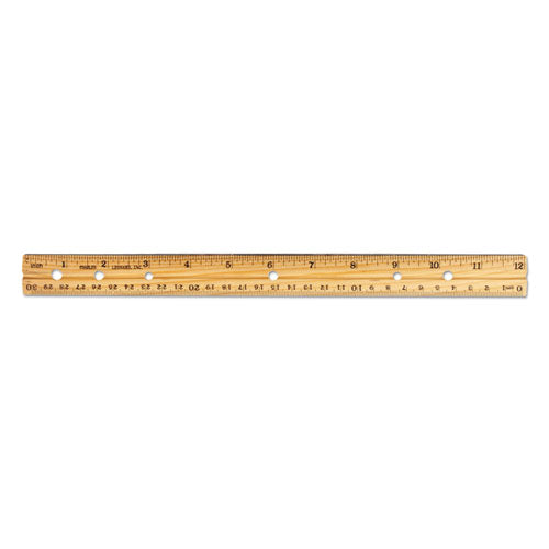 Beveled Wood Ruler W/single Metal Edge, 3-hole Punched, Standard/metric, 12" Long, Natural, 36/box