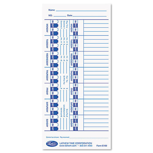 Time Clock Cards For Lathem Time E Series, One Side, 4 X 9, 100/pack