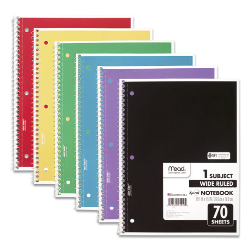 Spiral Notebook, 3-hole Punched, 1-subject, Wide/legal Rule, Randomly Assorted Cover Color, (70) 10.5 X 7.5 Sheets