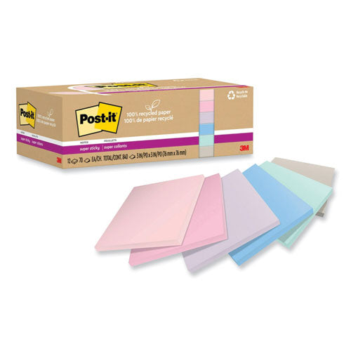 100% Recycled Paper Super Sticky Notes, 3" X 3", Wanderlust Pastels, 70 Sheets/pad, 12 Pads/pack