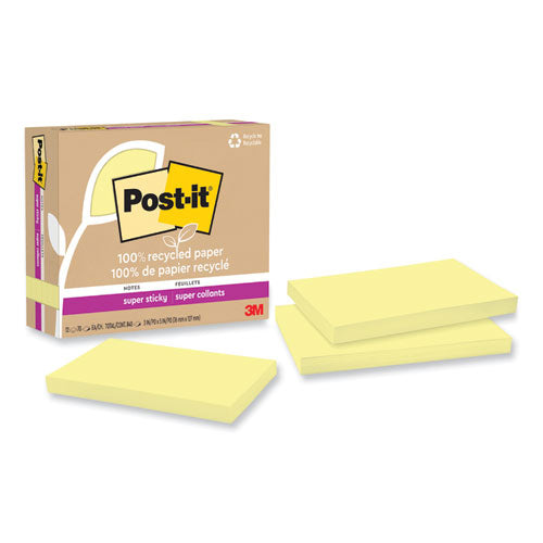 100% Recycled Paper Super Sticky Notes, 3" X 5", Canary Yellow, 70 Sheets/pad, 12 Pads/pack