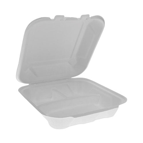 Earthchoice Bagasse Hinged Lid Container, 3-compartment, Dual Tab Lock, 7.8 X 7.8 X 2.8, Natural, Sugarcane, 150/carton