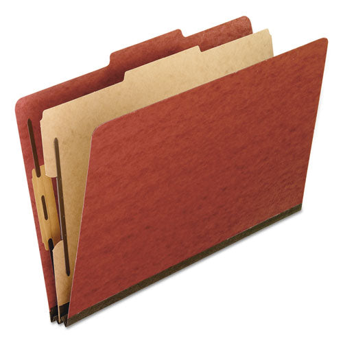 Four-section Pressboard Classification Folders, 2" Expansion, 1 Divider, 4 Fasteners, Legal Size, Red Exterior, 10/box