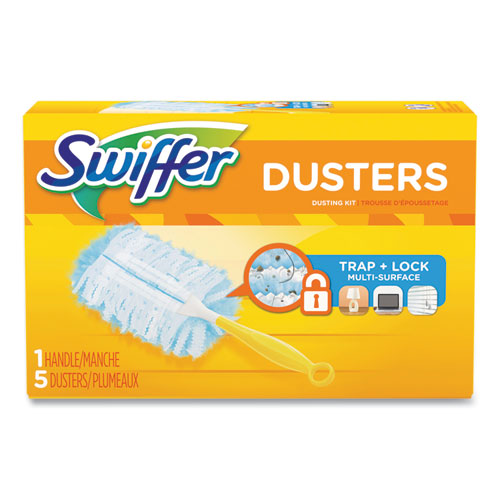 Dusters Starter Kit, Dust Lock Fiber, 6" Handle, Blue/yellow, 6/carton